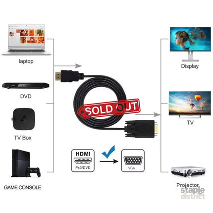 1.8M 6 Feet HDMI Male to VGA Male Cable for Computer Laptop PC Monitor ETC - Appliances > TV > TVs & Accessories