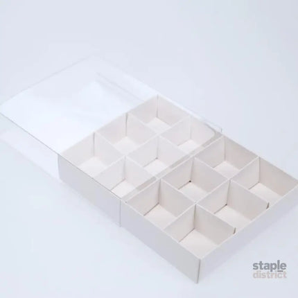 100 Pack of White Card Chocolate Sweet Soap Product Retail Gift Box - 12 bay 4x4x3cm Compartments - Clear Slide On Lid