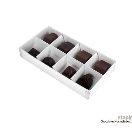 100 Pack of White Card Chocolate Sweet Soap Product Retail Gift Box - 8 bay 3cm Compartments - Clear Slide On Lid
