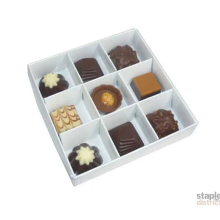 100 Pack of White Card Chocolate Sweet Soap Product Retail Gift Box - 9 bay 4x4x3cm Compartments - Clear Slide On Lid