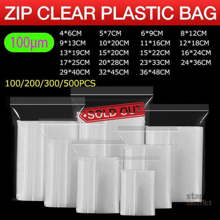 100PCS 100micron Bulk Clear Resealable PE Plastic Zip Bags - 20*28Cm - Commercial > Packaging > Postage Satchels & Boxes