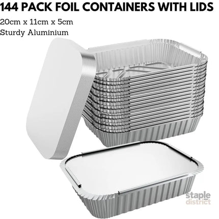 144x Aluminium Disposable Foil Food Container Trays Pans w/ Lids Covers Bulk 20x11x5cm - Home & Garden > Storage >