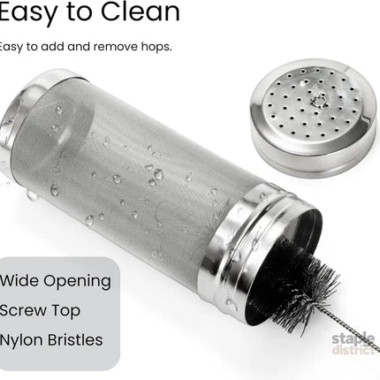 2 Pack Beer Dry Hopper Filters 2.8 x 7 inch 300 Micron Mesh Hop Strainer with Lid Stainless Steel Spider Nylon Bristles