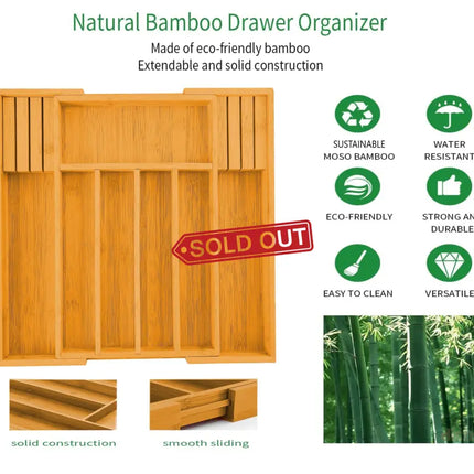 2 Pack Large Capacity Bamboo Expandable Drawer Organizer with Knife Block Holder for Home Kitchen Utensils-2042061567662624771