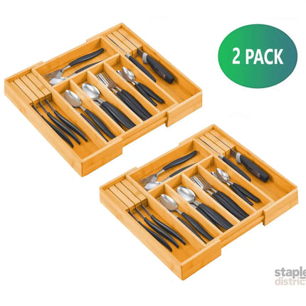 2 Pack Large Capacity Bamboo Expandable Drawer Organizer with Knife Block Holder for Home Kitchen Utensils-2042061567662624769