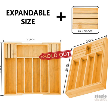 2 Pack Large Capacity Bamboo Expandable Drawer Organizer with Knife Block Holder for Home Kitchen Utensils-2042061567662624770