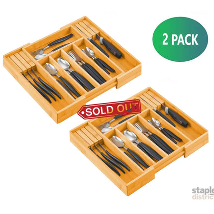 2 Pack Large Capacity Bamboo Expandable Drawer Organizer with Knife Block Holder for Home Kitchen Utensils-2042061567662624769