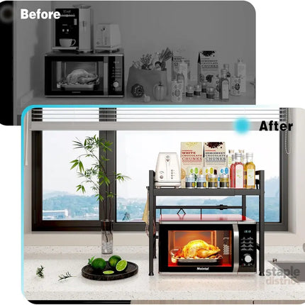 CARLA HOME 2-Tier Microwave Oven Rack with Adjustable Metal Kitchen Shelf Stand for Countertop Storage and 6 Hooks for