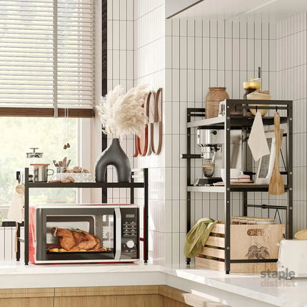 CARLA HOME 2-Tier Microwave Oven Rack with Adjustable Metal Kitchen Shelf Stand for Countertop Storage and 6 Hooks for