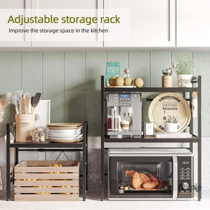 CARLA HOME 2-Tier Microwave Oven Rack with Adjustable Metal Kitchen Shelf Stand for Countertop Storage and 6 Hooks for