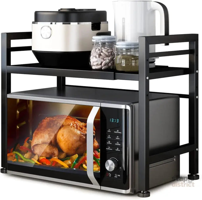 CARLA HOME 2-Tier Microwave Oven Rack with Adjustable Metal Kitchen Shelf Stand for Countertop Storage and 6 Hooks for