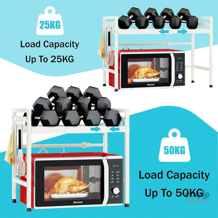 CARLA HOME 2-Tier Microwave Oven Rack with Adjustable Metal Kitchen Shelf Stand for Countertop Storage and 6 Hooks for