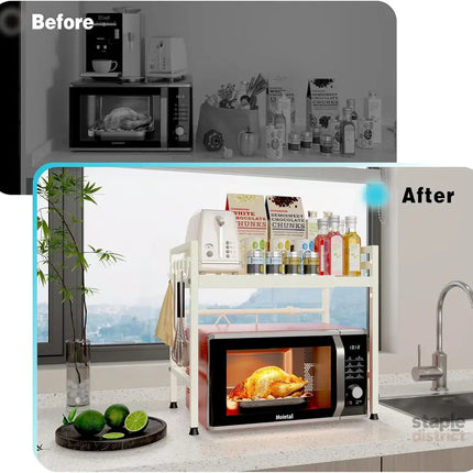 CARLA HOME 2-Tier Microwave Oven Rack with Adjustable Metal Kitchen Shelf Stand for Countertop Storage and 6 Hooks for