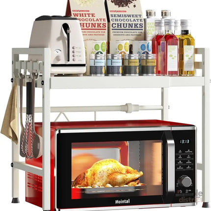 CARLA HOME 2-Tier Microwave Oven Rack with Adjustable Metal Kitchen Shelf Stand for Countertop Storage and 6 Hooks for