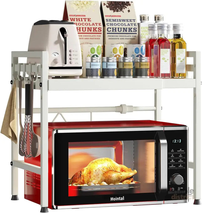 CARLA HOME 2-Tier Microwave Oven Rack with Adjustable Metal Kitchen Shelf Stand for Countertop Storage and 6 Hooks for