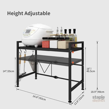 CARLA HOME 2-Tier Microwave Oven Rack with Adjustable Metal Kitchen Shelf Stand for Countertop Storage and 6 Hooks for