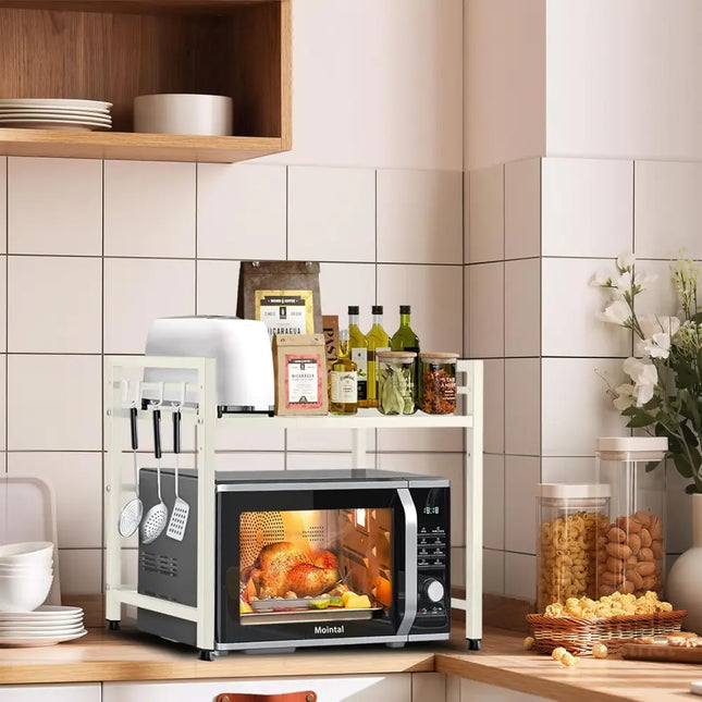 CARLA HOME 2-Tier Microwave Oven Rack with Adjustable Metal Kitchen Shelf Stand for Countertop Storage and 6 Hooks for