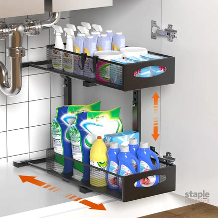CARLA HOME 2 Tier Under Sink Organizer Pull Out Sliding Cabinet Storage Shelf with Height Adjustable for Kitchen, Bathroom or Laundry Room (Black)-2050057510022418432
