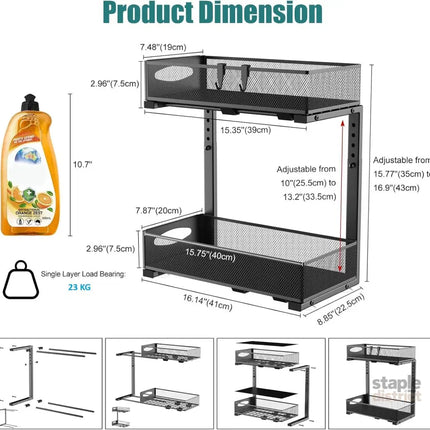 CARLA HOME 2 Tier Under Sink Organizer Pull Out Sliding Cabinet Storage Shelf with Height Adjustable for Kitchen, Bathroom or Laundry Room (Black)-2050057510022418437