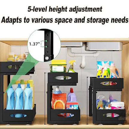 CARLA HOME 2 Tier Under Sink Organizer Pull Out Sliding Cabinet Storage Shelf with Height Adjustable for Kitchen, Bathroom or Laundry Room (Black)-2050057510022418435