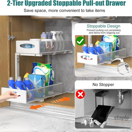 CARLA HOME 2 Tier Under Sink Organizer Pull Out Sliding Cabinet Storage Shelf with Height Adjustable for Kitchen, Bathroom or Laundry Room (White)-2050057514585821187