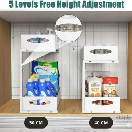 CARLA HOME 2 Tier Under Sink Organizer Pull Out Sliding Cabinet Storage Shelf with Height Adjustable for Kitchen, Bathroom or Laundry Room (White)-2050057514585821185
