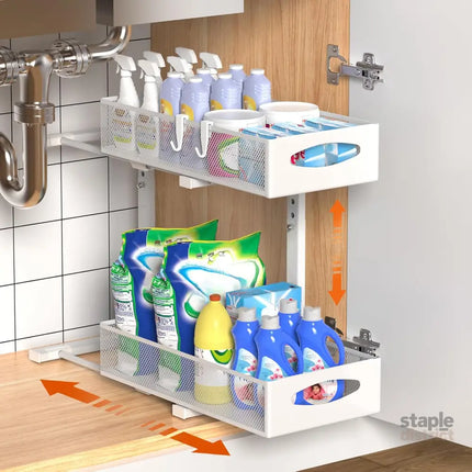 CARLA HOME 2 Tier Under Sink Organizer Pull Out Sliding Cabinet Storage Shelf with Height Adjustable for Kitchen, Bathroom or Laundry Room (White)-2050057514585821184