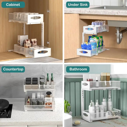 CARLA HOME 2 Tier Under Sink Organizer Pull Out Sliding Cabinet Storage Shelf with Height Adjustable for Kitchen, Bathroom or Laundry Room (White)-2050057514585821190