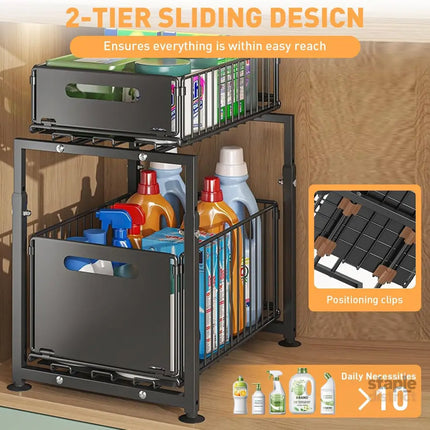 CARLA HOME 2-Tier Under Sink Organizer with Sliding Drawers & Height Adjustable for Kitchen Bathroom Cabinet Organization-2050057520243937284