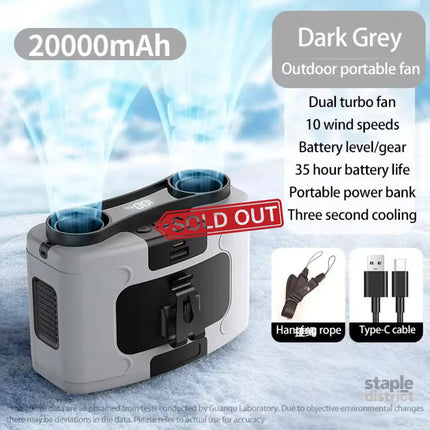 20000mAh Outdoor Portable Waist Fan Hanging Neck Fan Strong Wind with Power Bank LED Lighting for Sports Courier