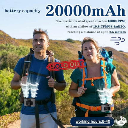 20000mAh Outdoor Portable Waist Fan Hanging Neck Fan Strong Wind with Power Bank LED Lighting for Sports Courier