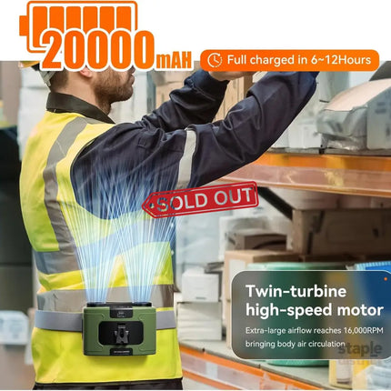 20000mAh Outdoor Portable Waist Fan Hanging Neck Fan Strong Wind with Power Bank LED Lighting for Sports Courier