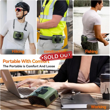 20000mAh Outdoor Portable Waist Fan Hanging Neck Fan Strong Wind with Power Bank LED Lighting for Sports Courier