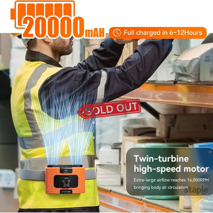 20000mAh Outdoor Portable Waist Fan Hanging Neck Fan Strong Wind with Power Bank LED Lighting for Sports Courier