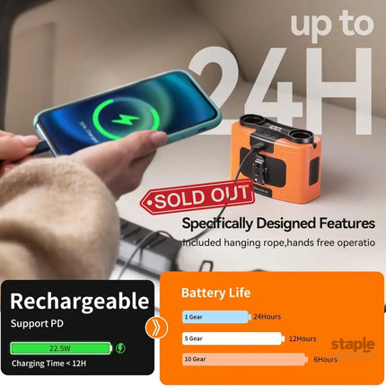 20000mAh Outdoor Portable Waist Fan Hanging Neck Fan Strong Wind with Power Bank LED Lighting for Sports Courier