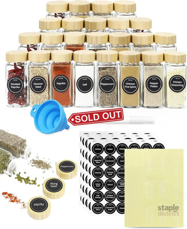 CARLA HOME 24 Glass Spice Jars with Bamboo Lids Shaker Tops 180 Spice Labels White Pen & Funnel for Kitchen