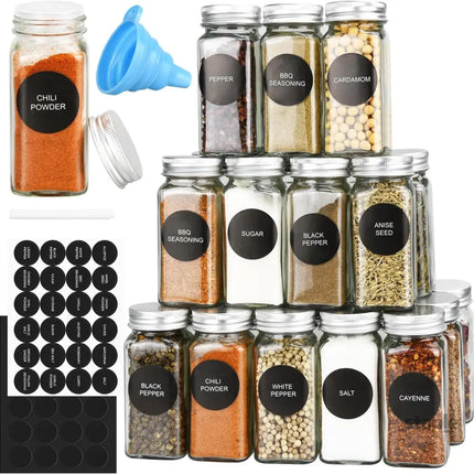 CARLA HOME 24 Glass Spice Jars with Lids Shaker Tops 180 Spice Labels White Pen & Funnel for Kitchen Organization Spice