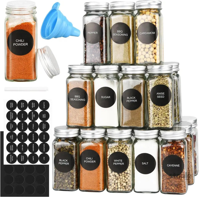 CARLA HOME 24 Glass Spice Jars with Lids Shaker Tops 180 Spice Labels White Pen & Funnel for Kitchen Organization Spice