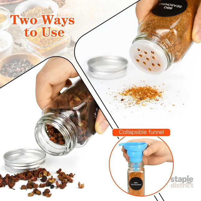 CARLA HOME 24 Glass Spice Jars with Lids Shaker Tops 180 Spice Labels White Pen & Funnel for Kitchen Organization Spice