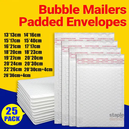 25PCS Poly Bubble Mailers Envelope Padded Bag White Cushioned Satchel 15 Sizes - 25PCS-22*26CM - Commercial > Packaging