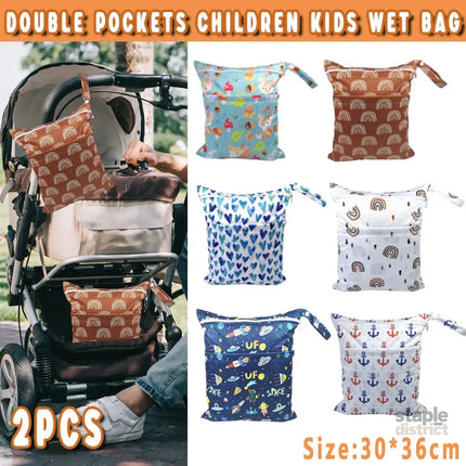 2PCS Cartoon Printed Diaper Bag Double Zipper Washable Storage Organizer - Blue Heart - Baby & Kids > Kid’s Furniture >