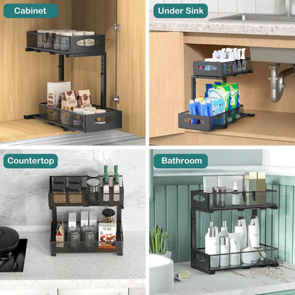 CARLA HOME 2 Pack Under Sink Organizer Pull Out Sliding Cabinet Storage Shelf with Height Adjustable for Kitchen, Bathroom or Laundry Room (Black)-2050057510181801990
