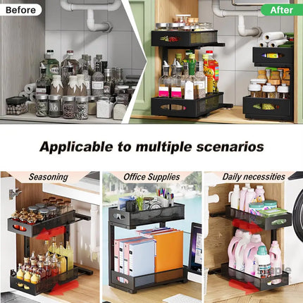 CARLA HOME 2 Pack Under Sink Organizer Pull Out Sliding Cabinet Storage Shelf with Height Adjustable for Kitchen, Bathroom or Laundry Room (Black)-2050057510181801985