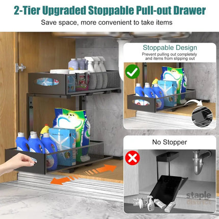 CARLA HOME 2 Pack Under Sink Organizer Pull Out Sliding Cabinet Storage Shelf with Height Adjustable for Kitchen, Bathroom or Laundry Room (Black)-2050057510181801986