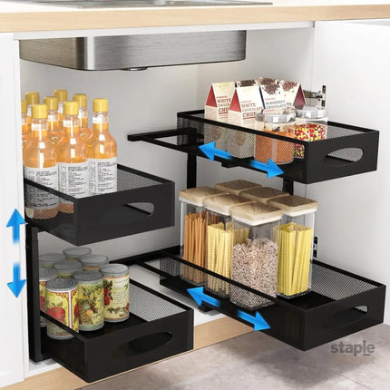 CARLA HOME 2 Pack Under Sink Organizer Pull Out Sliding Cabinet Storage Shelf with Height Adjustable for Kitchen, Bathroom or Laundry Room (Black)-2050057510181801984