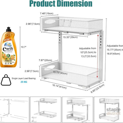CARLA HOME 2 Pack Under Sink Organizer Pull Out Sliding Cabinet Storage Shelf with Height Adjustable for Kitchen, Bathroom or Laundry Room (White)-2050057514736816133