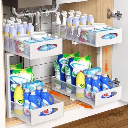 CARLA HOME 2 Pack Under Sink Organizer Pull Out Sliding Cabinet Storage Shelf with Height Adjustable for Kitchen, Bathroom or Laundry Room (White)-2050057514736816128