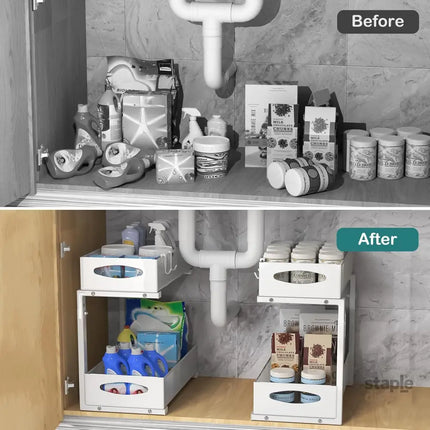 CARLA HOME 2 Pack Under Sink Organizer Pull Out Sliding Cabinet Storage Shelf with Height Adjustable for Kitchen, Bathroom or Laundry Room (White)-2050057514736816130