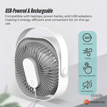 3-Speed USB 20cm Desktop Fan - Quiet Portable Lightweight Rechargeable Cooler - Appliances > Fans > Portable Fans