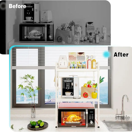 CARLA HOME 3-Tier Microwave Oven Rack with Adjustable Metal Kitchen Shelf Stand for Countertop Storage and 6 Hooks for